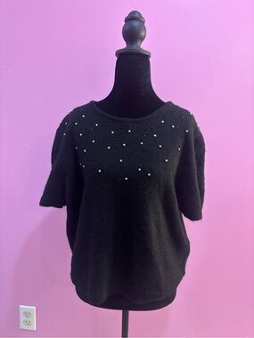 H&M Black Short-Sleeve Sweater with Pearl Accents